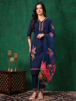 BERRYLICIOUS - Navy Blue Applique Placement Embroidered Kurta with Pant and Dupatta