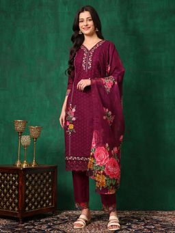 BERRYLICIOUS - Wine Applique Placement Embroidered Kurta with Pant and Dupatta