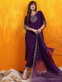 BERRYLICIOUS - Purple Sequined Embroidered Kurta with Pant and Embroidered Dupatta