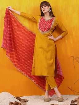 BERRYLICIOUS - Mustard Sequined Embroidered Kurta with Pant and Printed Dupatta