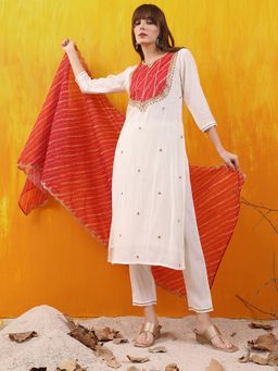 BERRYLICIOUS - White Sequined Embroidered and Applique Patch Kurta with Pant and Printed Dupatta