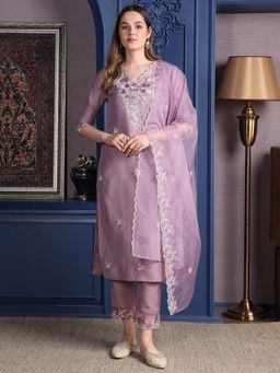 BERRYLICIOUS - Lavender Embroidered Kurta with Pant and Organza Embroidered Dupatta