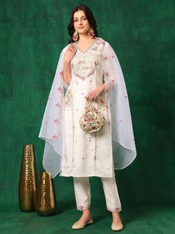 BERRYLICIOUS - White Embroidered Kurta with Pant and Embroidered Organza Dupatta