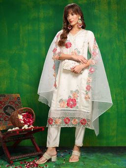 BERRYLICIOUS - White Sequined and Thread Embroidered Kurta with Pant and Dupatta