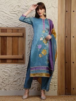 BERRYLICIOUS - Blue Hand Embroidered Kurta with Pant and Dupatta