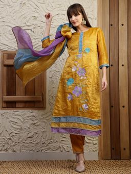BERRYLICIOUS - Mustard Hand Embroidered Kurta with Pant and Dupatta