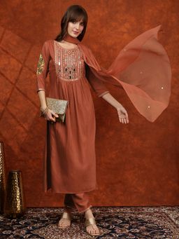 BERRYLICIOUS - Rust Mirror Embroidered Kurta with Pant and Dupatta