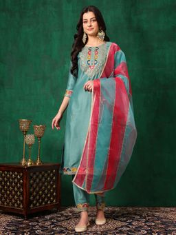 BERRYLICIOUS - Turquoise Embroidered Kurta with Pant and Dupatta