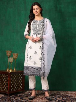 BERRYLICIOUS - White Embroidered Kurta with Pant and Dupatta