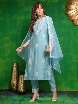 BERRYLICIOUS - Blue Embroidered Kurta with Pant and Dupatta