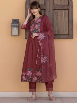BERRYLICIOUS - Rust A-Line Embroidered Anarkali Kurta with Pant and Dupatta