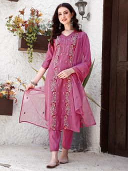 BERRYLICIOUS - Pink Full Front Embroidered Kurta with Pant and Dupatta