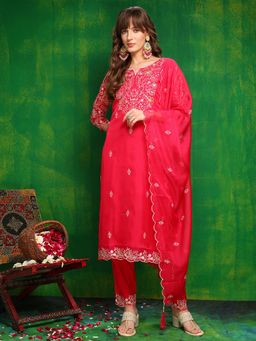 BERRYLICIOUS - Pink Hand Embroidered Kurta with Pant and Dupatta