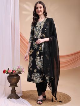 BERRYLICIOUS - Black Floral Printed A-Line Kurta with Pant and Dupatta