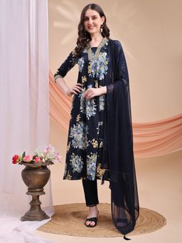BERRYLICIOUS - Navy Blue Floral Printed A-Line Kurta with Pant and Dupatta