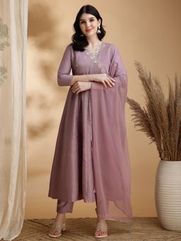 BERRYLICIOUS - Mauve Embroidered Angrakha Kurta with Pant and Dupatta