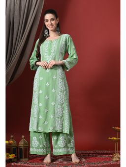 SYRISH - Women Green Premium Modal Chikankari Embroidered Kurta with Palazzo