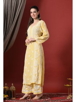SYRISH - Women Yellow Premium Modal Chikankari Embroidered Kurta with Palazzo