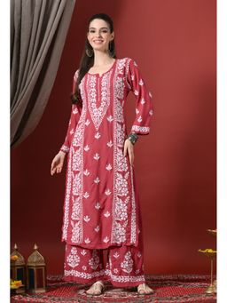 SYRISH - Women Magenta Premium Modal Chikankari Embroidered Kurta with Palazzo