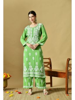 SYRISH - Women Green Hand Embroidered Chikankari Soft Rayon Kurta with Palazzo