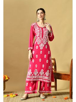 SYRISH - Women Pink Hand Embroidered Chikankari Soft Rayon Kurta with Palazzo