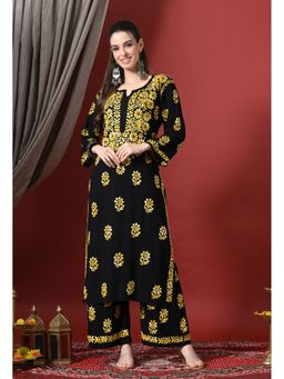 SYRISH - Women Black Yellow Elegance Handcrafted Rayon Chikankari Kurta with Palazzo