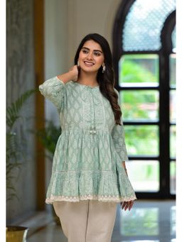 Juniper - Mint Green Mist Ikat Tunic with Lace Detailing