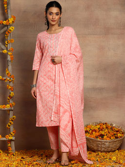 Indya - Peach Floral Boota Print Cotton Kurta with Pants and Dupatta (Set of 3)
