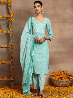 Indya - Pastel Green Geometric Print Cotton Kurta with Pants and Dupatta (Set of 3)