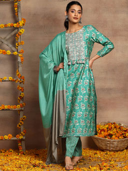 Indya - Light Green Batik Print Muslin Kurta with Pants and Dupatta (Set of 3)
