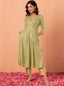Indya - Light Green Foil Print Angrakha Kurta