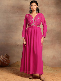Indya - Hot Pink Embroidered Yoke A-Line Kurta