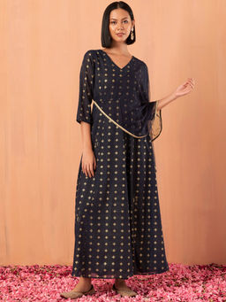 Indya - Navy Blue Foil Print Flared Kurta with Attached Dupatta
