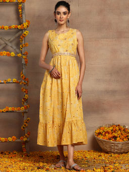 Indya - Yellow Bandhani Print Tiered Cotton Dress (Set of 2)
