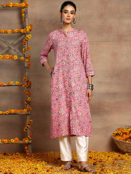 Indya - Pink Floral Print Front Slit Rayon Kurta