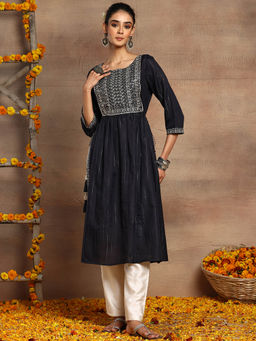 Indya - Navy Blue Thread Embroidered Rayon Kurta