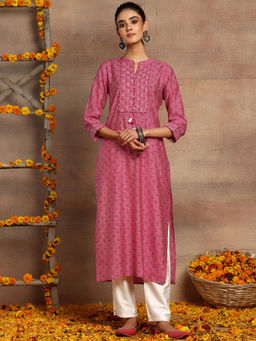 Indya - Pink Bandhani Print Embroidered Chanderi Kurta