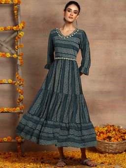 Indya - Navy Blue Floral Print Tiered Dress with Belt (Set of 2)