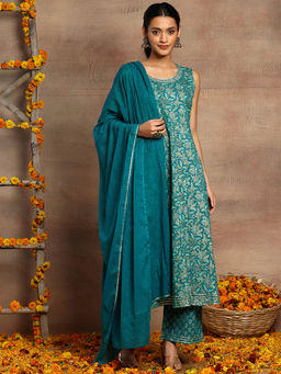 Indya - Teal Floral Block Print Anarkali Kurta with Pants and Dupatta (Set of 3)
