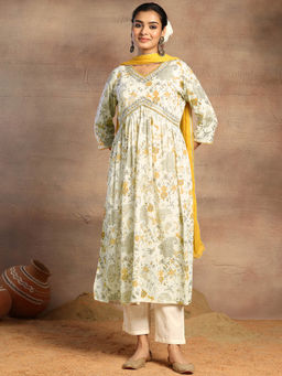 Indya - Off White Floral Paisley Print Cotton Kurta with Pants and Dupatta (Set of 3)