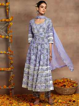 Indya - Purple Floral Jaal Print Cotton Anarkali Kurta with Printed Pants and Dupatta (Set of 3)