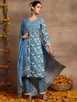 Indya - Blue Floral Print Cotton Kurta with Pants Dupatta (Set of 3)
