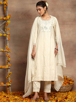 Indya - Off White Embroidered Cotton Straight Kurta with Pants and Dupatta (Set of 3)