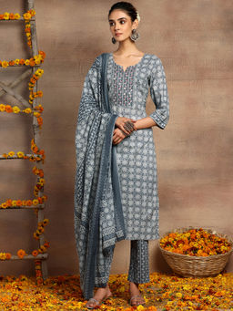 Indya - Grey Floral Print Cotton Kurta with Printed Pants and Dupatta (Set of 3)