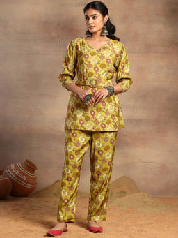 Indya - Lime Green Floral Print Kurta with Pants and Belt (Set of 3)