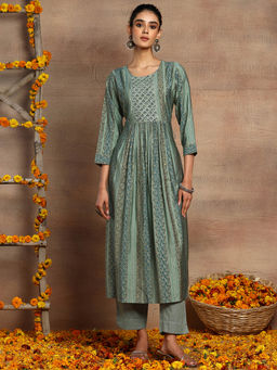 Indya - Sage Green Print Muslin Kurta with Pants (Set of 2)