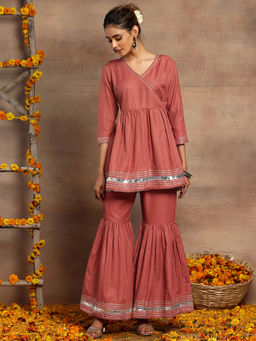 Indya - Red Gota Lace Sharara with Short Angrakha Kurta (Set of 2)