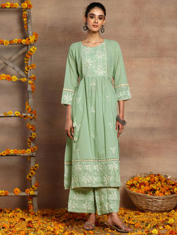 Indya - Mint Green Embroidered Cotton Kurta and Palazzo (Set of 2)