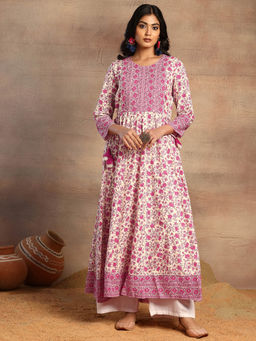 Indya - Pink Floral Print Embroidered Neck Rayon Anarkali Kurta