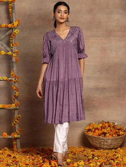 Indya - Purple Mirror Embroidered V-Neck Kurta